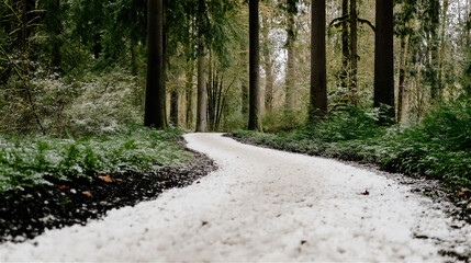 Fototapeta premium Snow-covered forest road winding through tall green trees, winter nature landscape with peaceful and serene atmosphere.