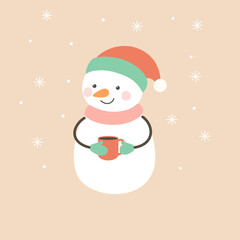 Smiling snowman with cup of hot drink in winter clothes.