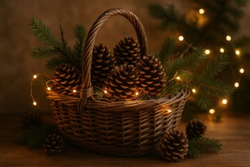 A wicker basket holds several large pine cones and evergreen branches accented with warm string lights on a wooden surface.