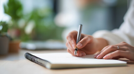 Designer&rsquo;s hands drawing product prototype on recycled-paper pad, surrounded by organic textures and soft daylight in modern workspace.