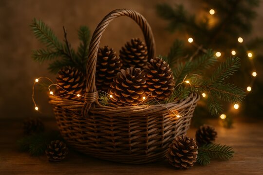 A wicker basket holds several large pine cones and evergreen branches accented with warm string lights on a wooden surface. - Powered by Adobe