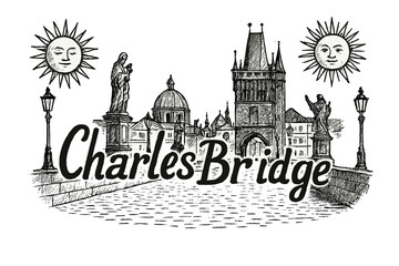 Charles Bridge Sketch. Hand-drawn charles bridge with suns, statues, and lanterns, center word &ldquo;CharlesBridge&rdquo; in black and white