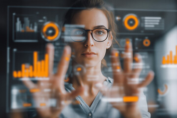 Professional analyzing translucent AR dashboard in modern office, interacting with floating charts, subtle orange highlights, calm expression.