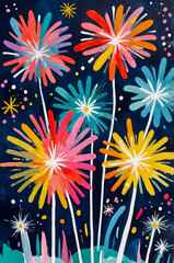 Naklejka premium Hand-drawn children's illustration of a colorful New Year's fireworks display. Festive and playful artwork perfect for holiday cards, posters, and seasonal projects.