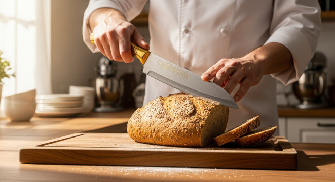 Chef slicing rustic whole grain bread on wooden cutting board