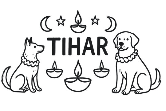 Tihar Celebration Elements. Hand-drawn tihar with candles, dogs, and moons, center word &ldquo;Tihar&rdquo; in black and white isolated
