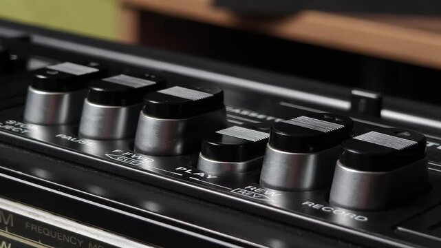 Angled macro shot of finger pressing play and stop buttons on retro cassette player, showing the row of silver and black keys for playback control on a vintage 80s ghettoblaster music system.