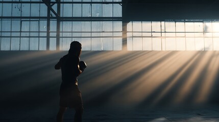Athlete boxing alone in sunlit industrial gym. Morning rays cutting through misty air. Symbol of resilience, dedication and mental strength in sports training