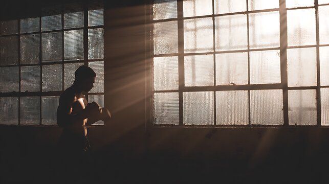 Boxer in warm morning light training beside large glass windows. Determination and focus in cinematic gym setting. Symbol of perseverance and inner power - Powered by Adobe