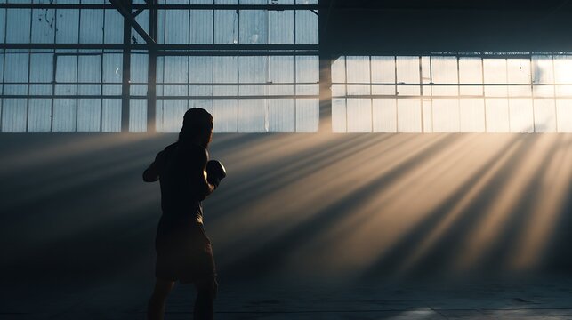 Athlete boxing alone in sunlit industrial gym. Morning rays cutting through misty air. Symbol of resilience, dedication and mental strength in sports training