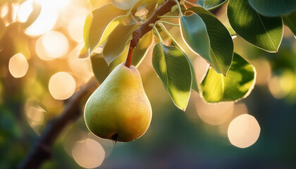 pear on branch with bokehs