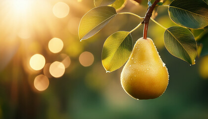 pear on branch with bokehs