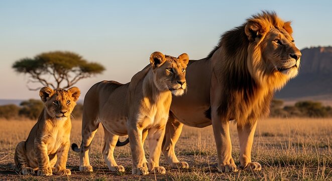 Majestic Lion Family A Portrait of Strength and Unity in the African Savanna - Powered by Adobe