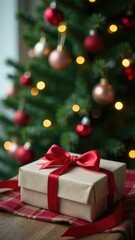 Craft Christmas gift box on wooden floor with tree garland lights background with empty copy space for text. New Year's wishes come true. Vertical greeting card. Stylish gift wrapping. Cozy lighting