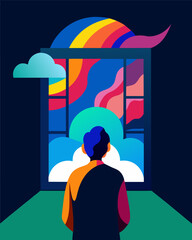 A person stares longingly through a window at a beautiful vibrant world outside but feels unable to break through the heavy dark walls of depression that hold them back.. Vector illustration