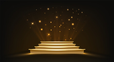 Stage podium with red carpet on stairs, golden spotlight and sparkles on dark background. 3d vector theatre show and award ceremony concept. Staircase pedestal for presentation and goods promotion.