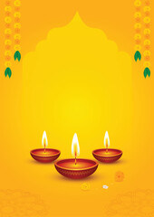 Diya background with garlands and mandala design on yellow gradient