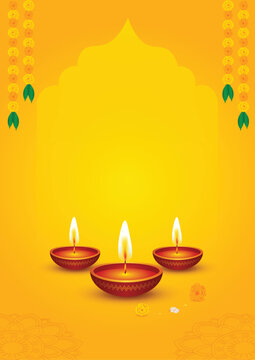Diya background with garlands and mandala design on yellow gradient
