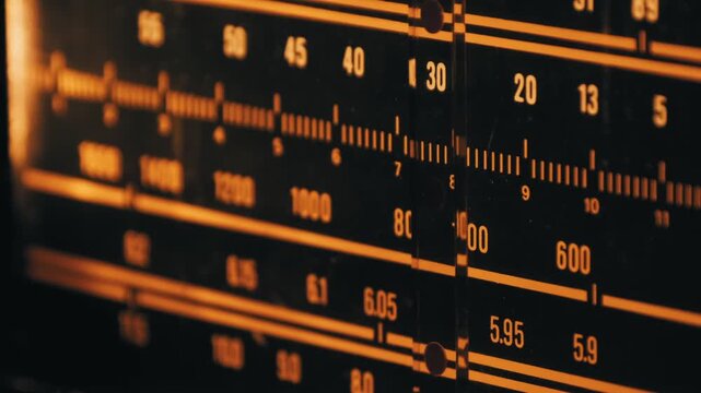 Macro of a vintage radio tuning dial indicator moving across the frequency scale. Illuminated orange numbers and markers glow on a black background, showing the search for an analog broadcast signal.