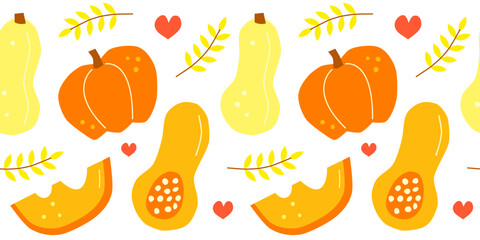 Cute seamless pattern with hand drawn flat butternut squash, leaves, hearts and pumpkin. Seasonal warm autumn background.