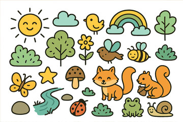 Obraz premium Cute Nature Doodles. Nature doodle icon set: hand drawn icons of sun with smile, fluffy cloud, rainbow, tree, flower, bird,