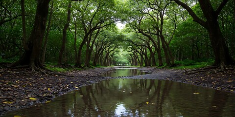 A serene forest scene with a reflective water body and lush green trees creating a tunnel.
