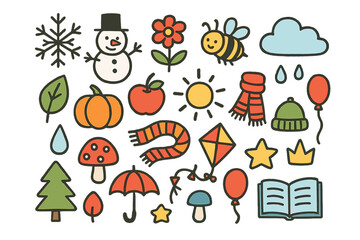 Obraz premium Seasons Doodle Icons. Seasons doodle icon set: hand drawn icons of snowflake, snowman, flower, bee, leaf, pumpkin, apple, sun,