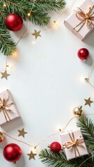 White Christmas background with fir branches and red, pink and gold decorations, copy space in the middle. Mockup design of New Year card. Top view of garland lights, gift boxes and balls. Text place