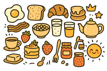Breakfast Doodle Icons. Breakfast doodle icon set: hand drawn icons of fried egg, toast, croissant, pancake, bacon, cereal bowl,