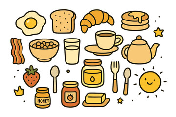 Breakfast Doodle Icons. Breakfast doodle icon set: hand drawn icons of fried egg, toast, croissant, pancake, bacon, cereal bowl,