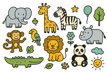 Fototapeta premium Zoo Animals Doodle Icons. Zoo animals doodle icon set: hand drawn icons of elephant, giraffe, zebra, lion, monkey, parrot,