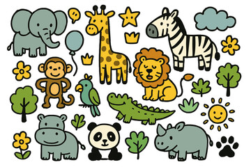 Obraz premium Zoo Animals Doodle Icons. Zoo animals doodle icon set: hand drawn icons of elephant, giraffe, zebra, lion, monkey, parrot,
