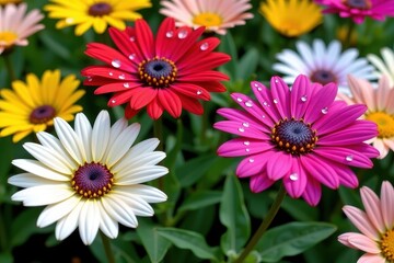 Obraz premium Bright colorful daisy flowers with water drops on petals in a spring garden flowerbed, close-up, bloom, daisy