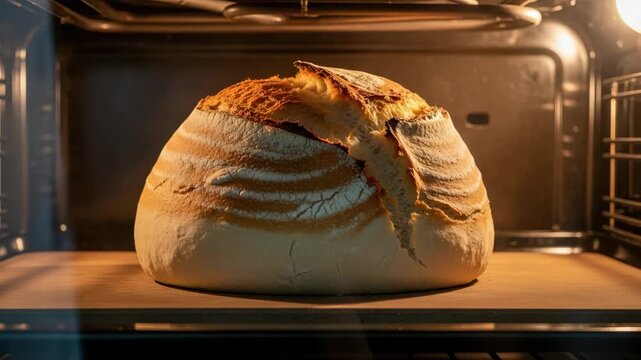 A loaf of freshly baked bread is cooking inside of the oven now