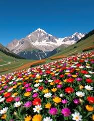 Vibrant alpine meadow in full bloom, snow-capped peaks under a clear blue sky, alpine flora, mountain range