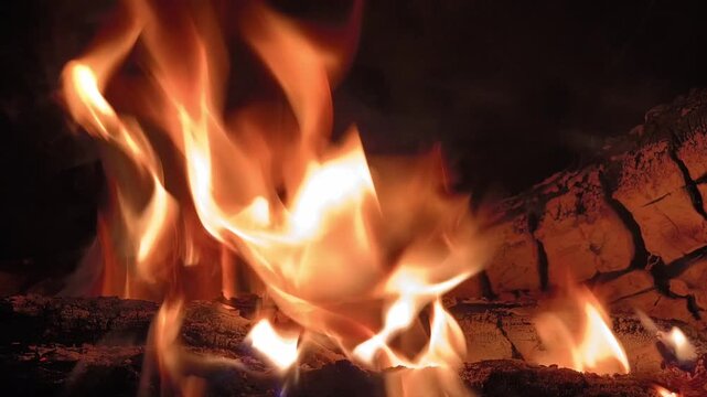 Medium shot of a crackling fire with vibrant orange flames moving over wooden logs against a dark background. Glowing embers and texture of charred wood create a warm and cozy atmosphere.