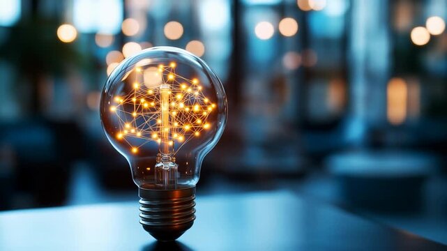 Light bulb with network shaped filament glowing on a table, with a blurred background