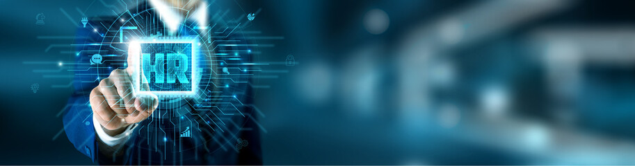 HR technology and employee data network connecting with analytical holographic interface accuracy solution for workforce management. Future of recruitment, engagement, and performance.