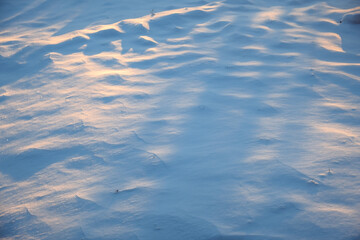 The tracks were covered with snow. A path of many footprints. Large level of snow. Snowy winter. Natural landscape. Sunny evening light. Cold weather frosty day. Nature details