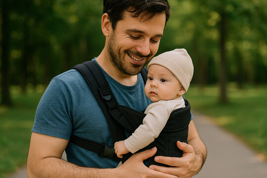 Père souriant portant son bébé dans un porte-bébé en plein air