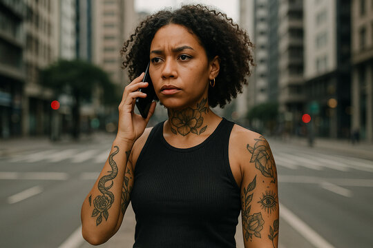 Jeune femme tatou&eacute;e parlant au t&eacute;l&eacute;phone dans une rue urbaine d&eacute;serte