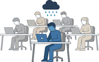 Employee experiencing stress and burnout in an office environment. Depiction of a sad worker with a rain cloud symbolizing depression, mental health challenges, and workplace pressure.