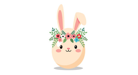 Obraz premium An adorable cartoon Easter egg with bunny ears and a floral wreath on its head. A cute illustration with a simple white background.