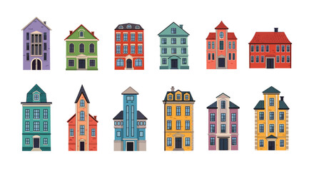 A collection of colorful and diverse old European style buildings with unique architectural details and designs.