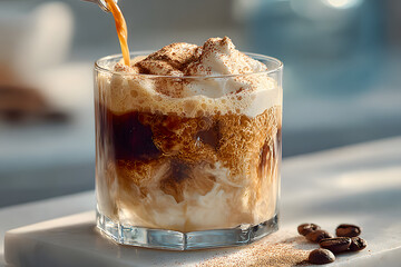 Pouring milk into a glass with warm coffee drink with pumpkin spice or cinnamon, whipped milk foam and chocolate in a white sunlit modern kitchen interior. Generative AI technology