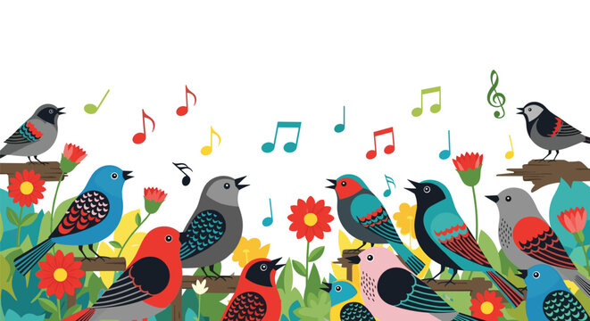 A lively chorus of colorful birds singing joyfully amongst blooming flowers and musical notes.
