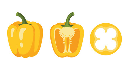 Obraz premium A whole yellow bell pepper a half pepper and a slice of pepper showing its interior structure and seeds.