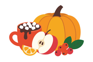 Cozy autumn harvest still life with pumpkin hot chocolate and apple