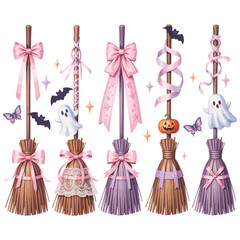Cute and whimsical halloween witch brooms decorated with ribbons and ghosts
