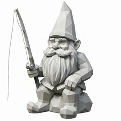 Abstract concrete sculpture of a garden gnome with a lantern. The sculputure is designed entirely in a characteristic geometric low-poly-style.